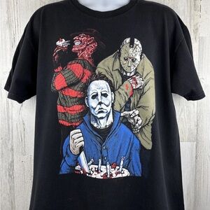 Horror Icons Graphic Tee — Black with Red & Blue Artwork